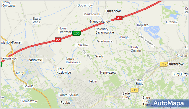 mapa Grądy gmina Jaktorów, Grądy gmina Jaktorów na mapie Targeo