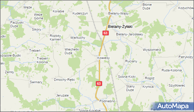 mapa Kowiesy gmina Bielany, Kowiesy gmina Bielany na mapie Targeo