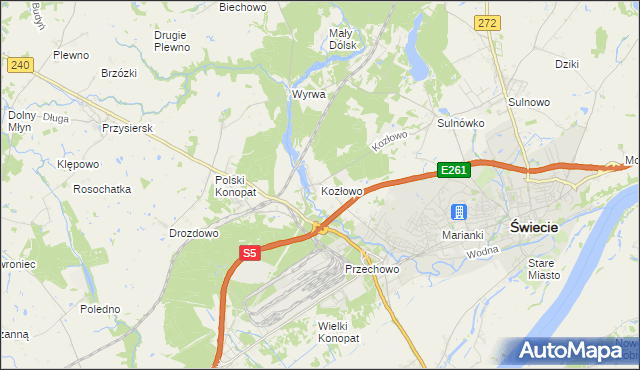 mapa Kozłowo gmina Świecie, Kozłowo gmina Świecie na mapie Targeo