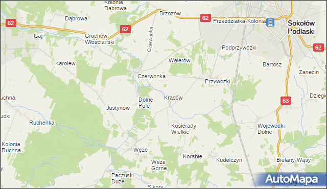 mapa Krasów gmina Sokołów Podlaski, Krasów gmina Sokołów Podlaski na mapie Targeo