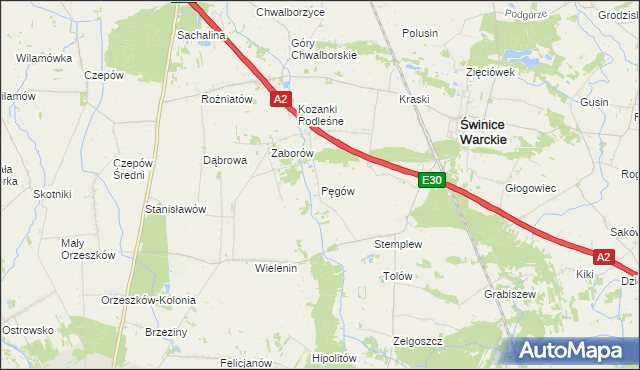 mapa Pęgów gmina Uniejów, Pęgów gmina Uniejów na mapie Targeo