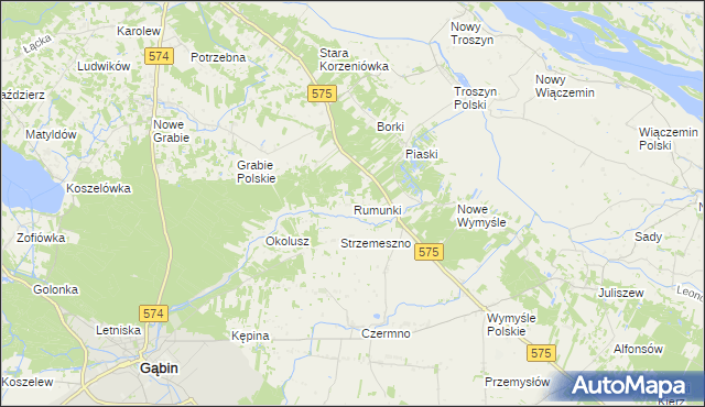 mapa Rumunki gmina Gąbin, Rumunki gmina Gąbin na mapie Targeo