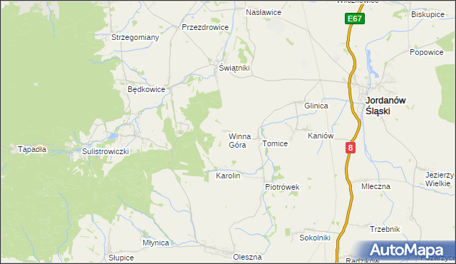 mapa Winna Góra gmina Jordanów Śląski, Winna Góra gmina Jordanów Śląski na mapie Targeo