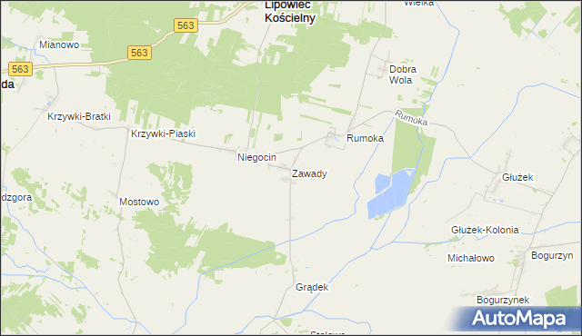 mapa Zawady gmina Lipowiec Kościelny, Zawady gmina Lipowiec Kościelny na mapie Targeo