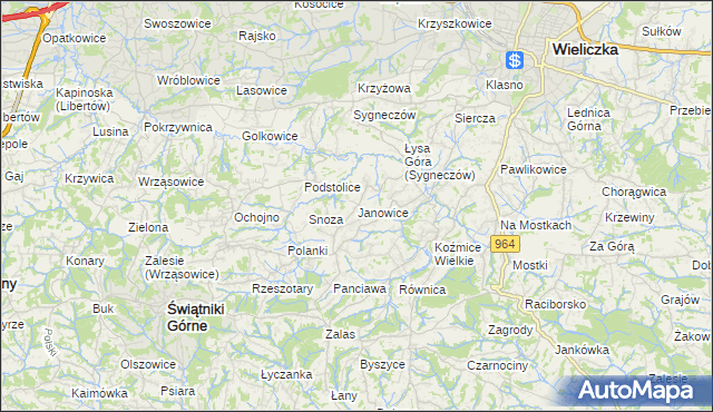 mapa Janowice gmina Wieliczka, Janowice gmina Wieliczka na mapie Targeo