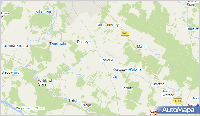 mapa Kosiorki gmina Ciechanowiec, Kosiorki gmina Ciechanowiec na mapie Targeo