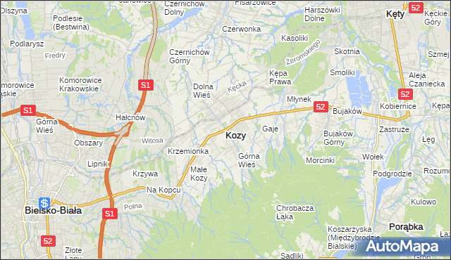 mapa Kozy powiat bielski, Kozy powiat bielski na mapie Targeo