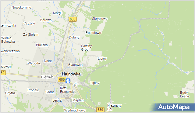 mapa Lipiny gmina Hajnówka, Lipiny gmina Hajnówka na mapie Targeo
