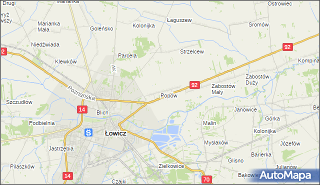 mapa Popów gmina Łowicz, Popów gmina Łowicz na mapie Targeo