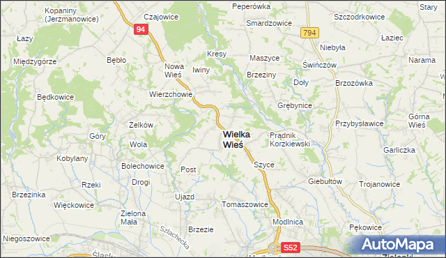 mapa Wielka Wieś powiat krakowski, Wielka Wieś powiat krakowski na mapie Targeo