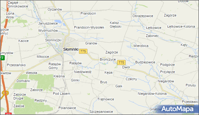 mapa Brończyce gmina Słomniki, Brończyce gmina Słomniki na mapie Targeo