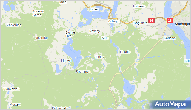 mapa Lisiny gmina Mikołajki, Lisiny gmina Mikołajki na mapie Targeo