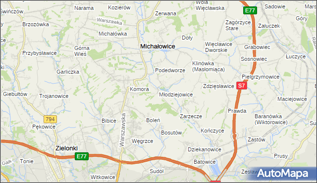 mapa Młodziejowice gmina Michałowice, Młodziejowice gmina Michałowice na mapie Targeo