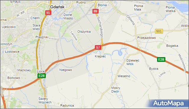 mapa Krępiec gmina Pruszcz Gdański, Krępiec gmina Pruszcz Gdański na mapie Targeo