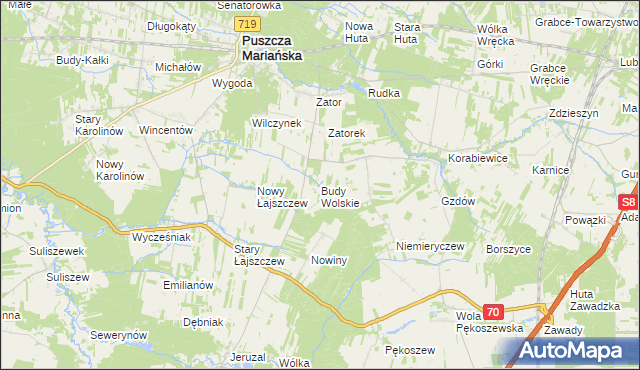 mapa Budy Wolskie gmina Puszcza Mariańska, Budy Wolskie gmina Puszcza Mariańska na mapie Targeo