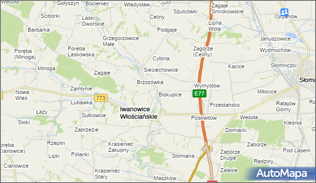 mapa Biskupice gmina Iwanowice, Biskupice gmina Iwanowice na mapie Targeo