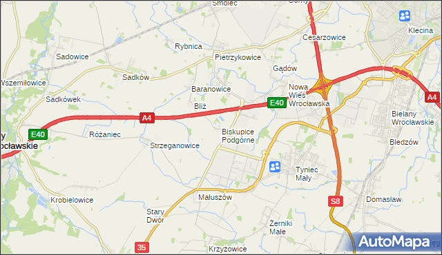 mapa Biskupice Podgórne, Biskupice Podgórne na mapie Targeo