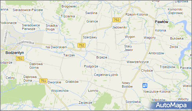 mapa Brzezie gmina Pawłów, Brzezie gmina Pawłów na mapie Targeo