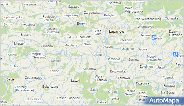 mapa Grabie gmina Łapanów, Grabie gmina Łapanów na mapie Targeo