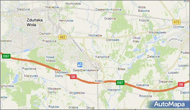 mapa Karsznice gmina Zduńska Wola, Karsznice gmina Zduńska Wola na mapie Targeo
