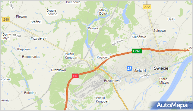 mapa Kozłowo gmina Świecie, Kozłowo gmina Świecie na mapie Targeo