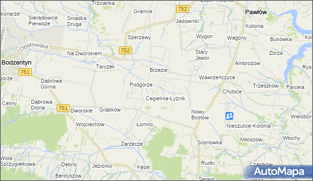 mapa Modrzewie gmina Pawłów, Modrzewie gmina Pawłów na mapie Targeo