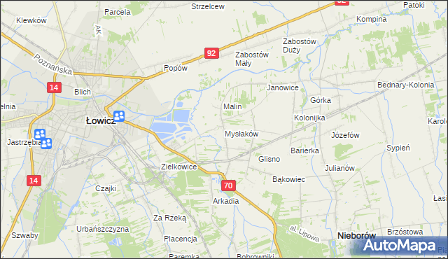 mapa Mysłaków gmina Nieborów, Mysłaków gmina Nieborów na mapie Targeo