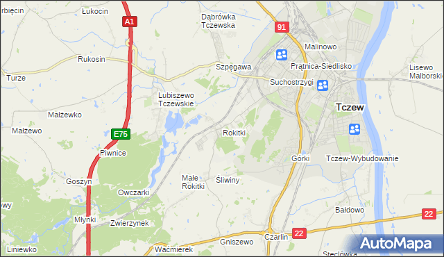 mapa Rokitki gmina Tczew, Rokitki gmina Tczew na mapie Targeo
