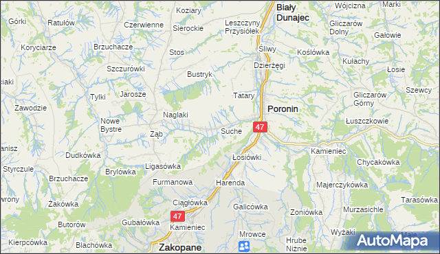 mapa Suche gmina Poronin, Suche gmina Poronin na mapie Targeo