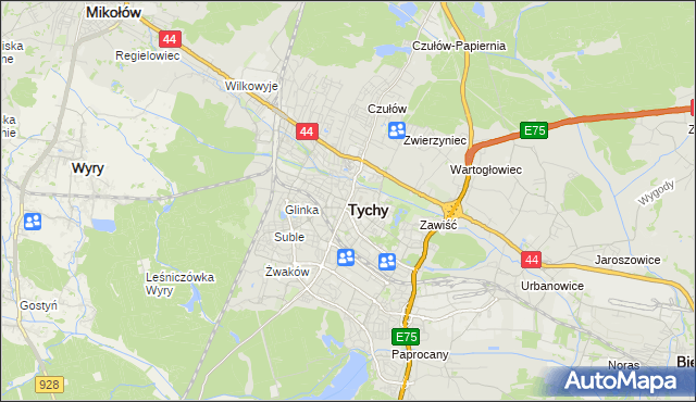 mapa Tychów, Tychy na mapie Targeo