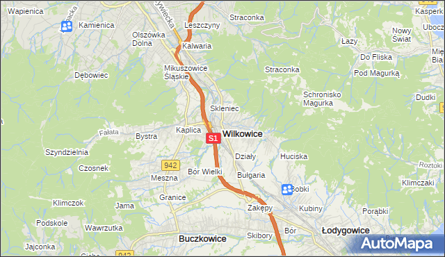 mapa Wilkowice powiat bielski, Wilkowice powiat bielski na mapie Targeo