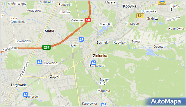 mapa Zielonka powiat wołomiński, Zielonka powiat wołomiński na mapie Targeo