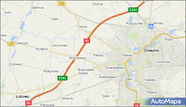 mapa Piekary gmina Gniezno, Piekary gmina Gniezno na mapie Targeo