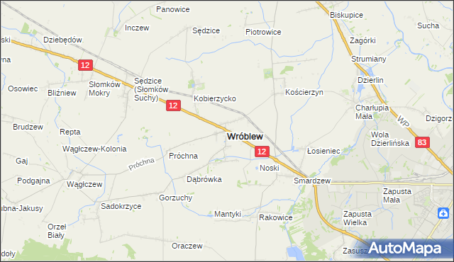 mapa Wróblew powiat sieradzki, Wróblew powiat sieradzki na mapie Targeo