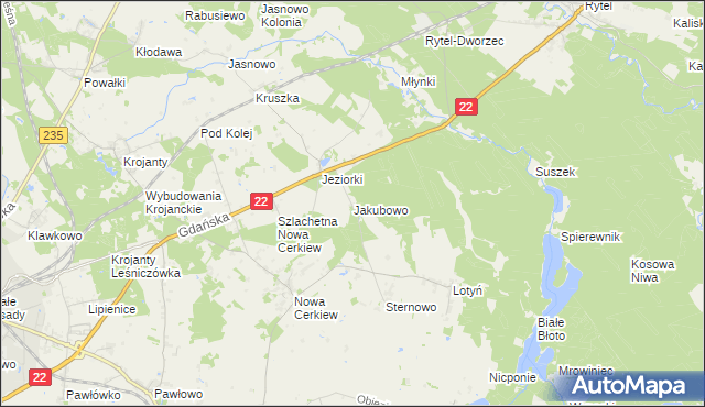 mapa Jakubowo gmina Chojnice, Jakubowo gmina Chojnice na mapie Targeo