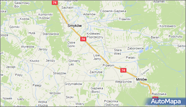 mapa Lisie Jamy gmina Mniów, Lisie Jamy gmina Mniów na mapie Targeo