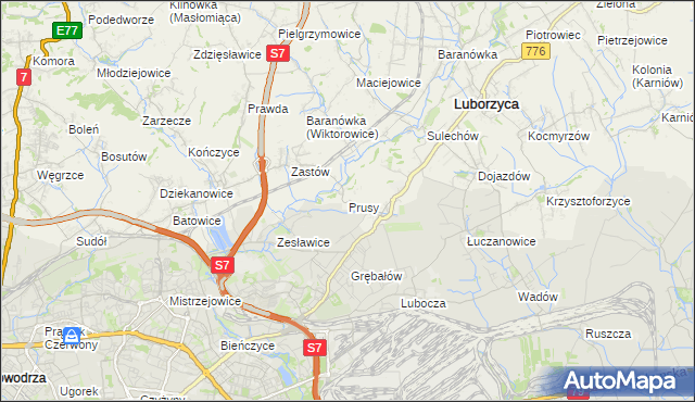 mapa Prusy gmina Kocmyrzów-Luborzyca, Prusy gmina Kocmyrzów-Luborzyca na mapie Targeo