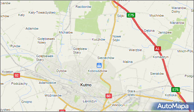 mapa Sieciechów gmina Kutno, Sieciechów gmina Kutno na mapie Targeo