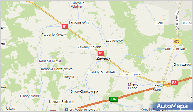 mapa Zawady powiat białostocki, Zawady powiat białostocki na mapie Targeo