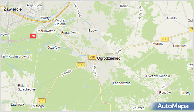 mapa Ogrodzieniec powiat zawierciański, Ogrodzieniec powiat zawierciański na mapie Targeo