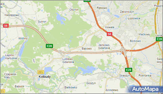 mapa Bąkowo gmina Kolbudy, Bąkowo gmina Kolbudy na mapie Targeo