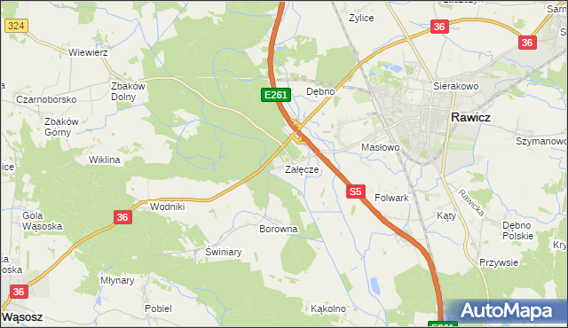 mapa Załęcze gmina Rawicz, Załęcze gmina Rawicz na mapie Targeo