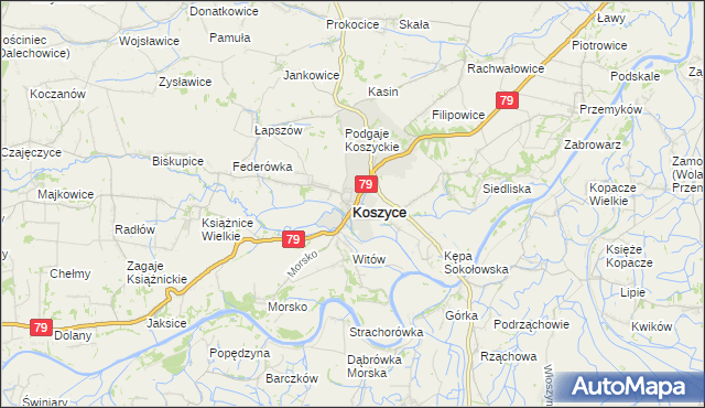 mapa Koszyce powiat proszowicki, Koszyce powiat proszowicki na mapie Targeo