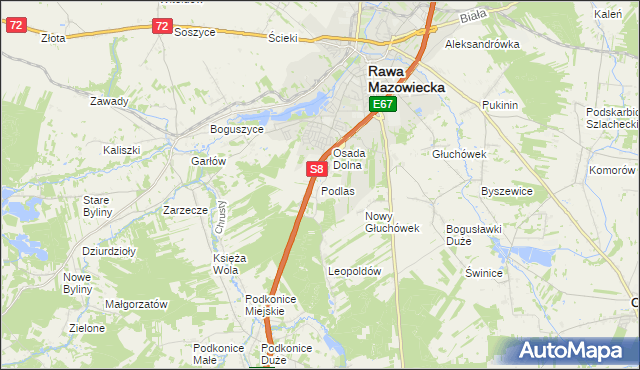 mapa Podlas gmina Rawa Mazowiecka, Podlas gmina Rawa Mazowiecka na mapie Targeo