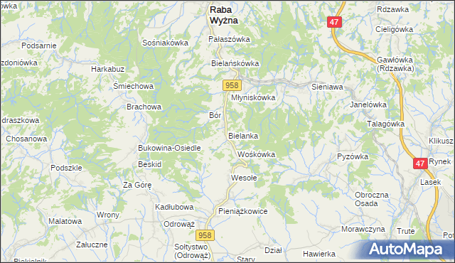 mapa Bielanka gmina Raba Wyżna, Bielanka gmina Raba Wyżna na mapie Targeo