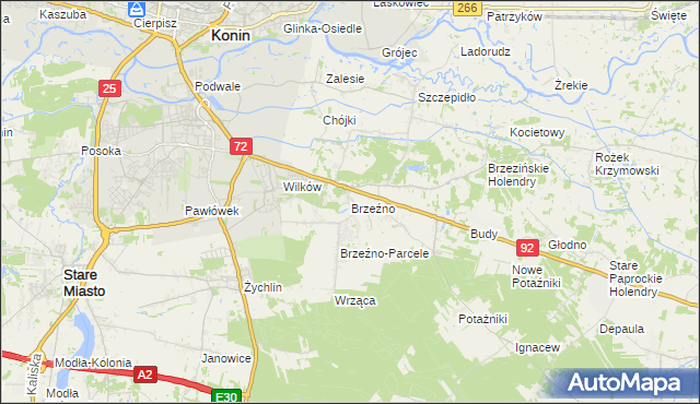 mapa Brzeźno gmina Krzymów, Brzeźno gmina Krzymów na mapie Targeo