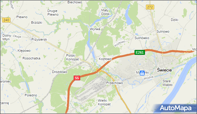mapa Kozłowo gmina Świecie, Kozłowo gmina Świecie na mapie Targeo