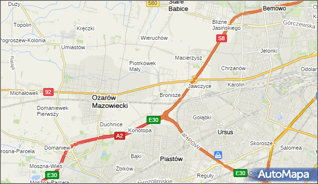 mapa Bronisze gmina Ożarów Mazowiecki, Bronisze gmina Ożarów Mazowiecki na mapie Targeo