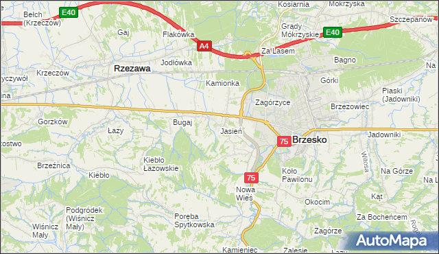 mapa Jasień gmina Brzesko, Jasień gmina Brzesko na mapie Targeo