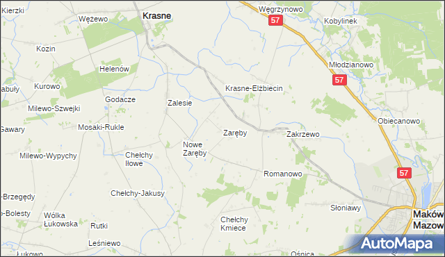 mapa Zaręby gmina Karniewo, Zaręby gmina Karniewo na mapie Targeo